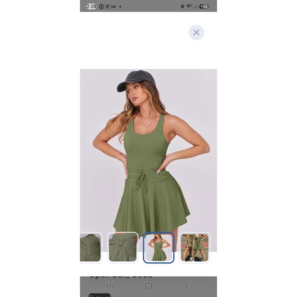 Womens Activewear Tennis Dress Drawstring Waist Flared Skirt Olive Green Workout